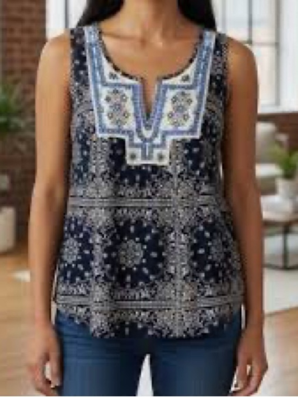Solitaire Navy and Cream Embroidered Bandana-Print Tank